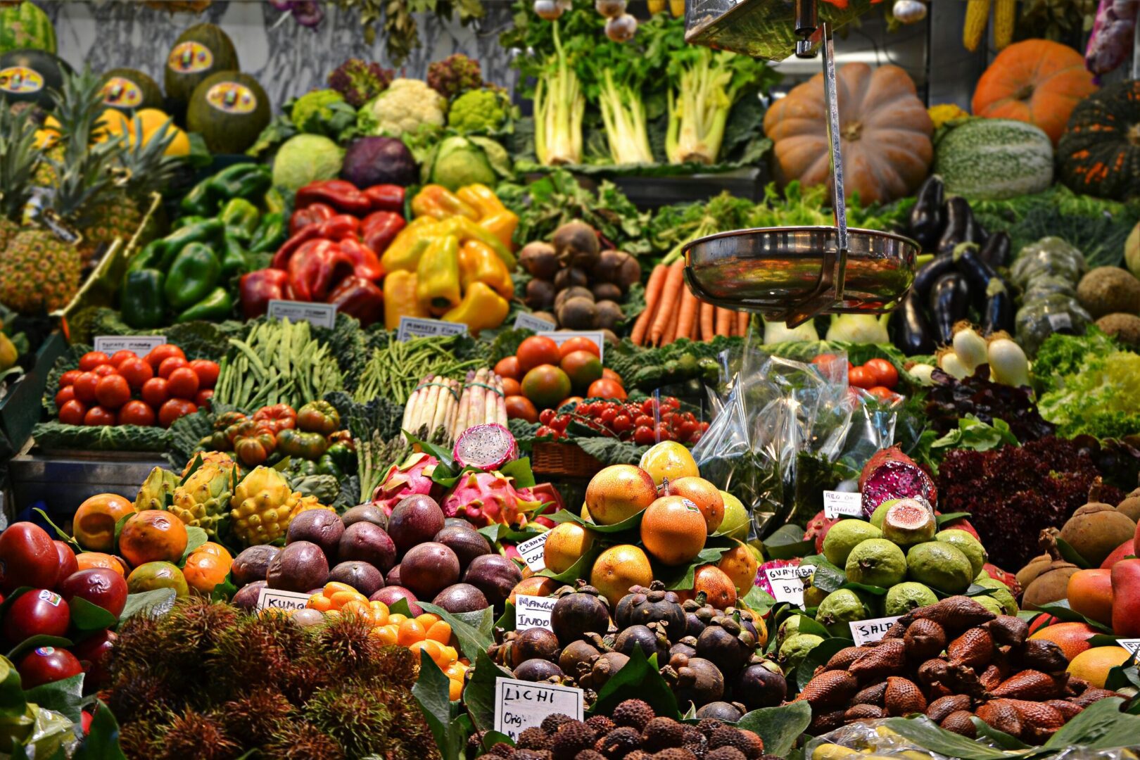 A display of fruits and vegetables.
