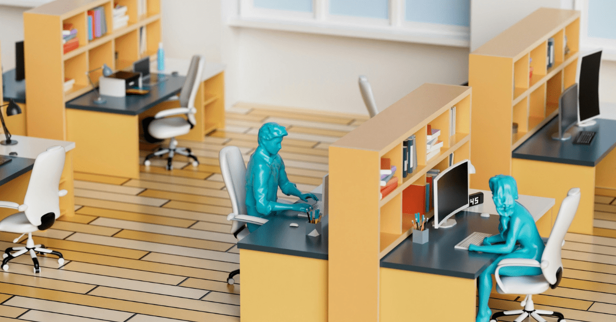 an animation of a workplace with a blue, cartoon man and woman working at opposite desks