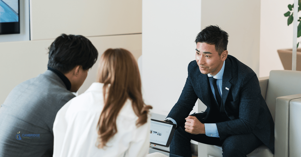 salesman speaking with potential clients or customers