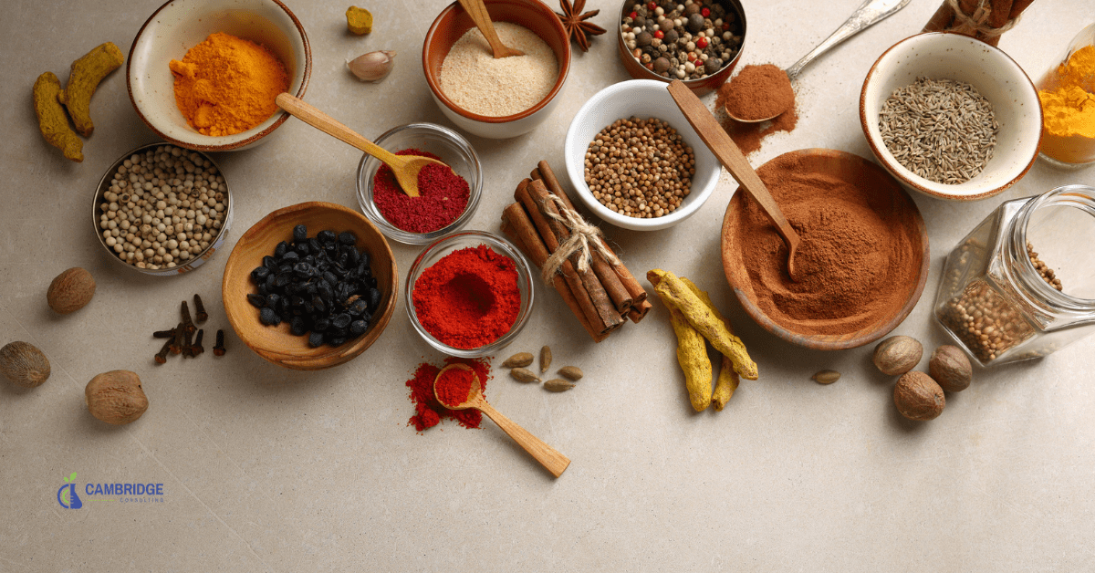 An image of an array of spices and ground mixtures made from natural ingredients.