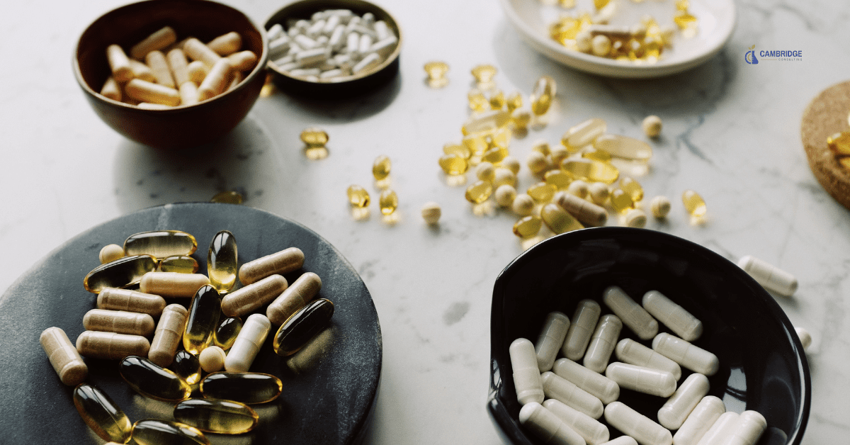 various bowls of nutraceutical tablets