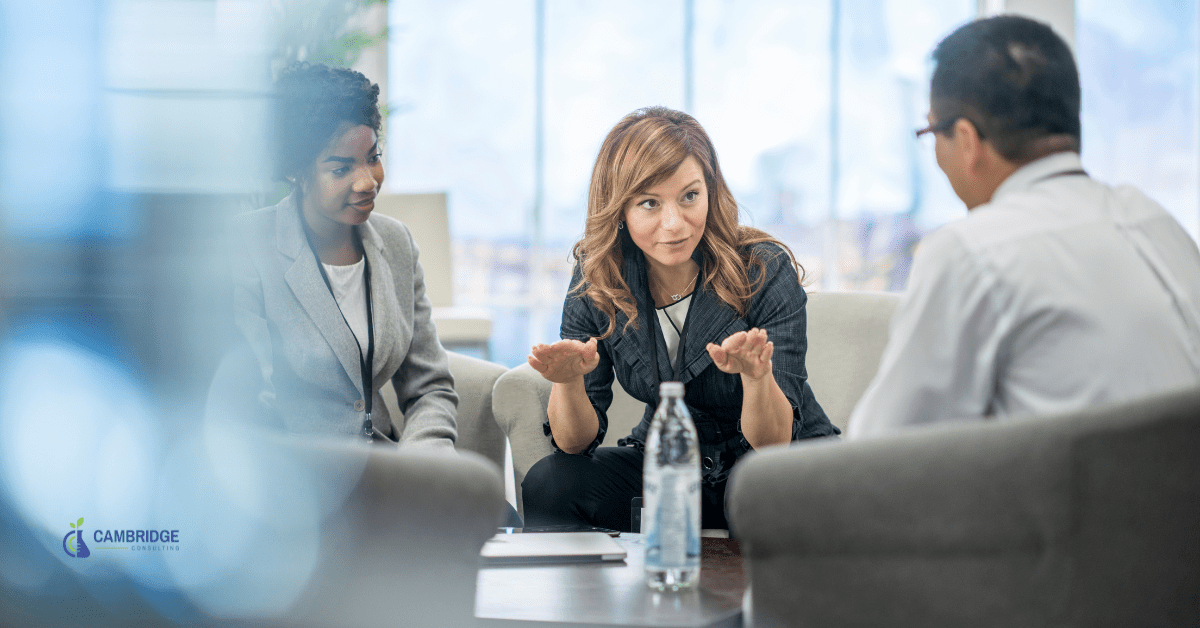 a corporate woman leading a team meeting in an office