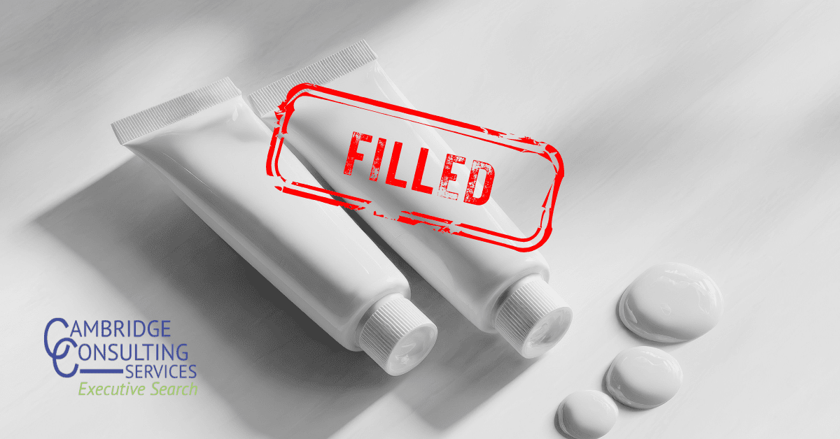 a black and white image of two personal care products with a red text overlay that says "filled" with the Cambridge Consulting Servcies logo in the bottom left corner