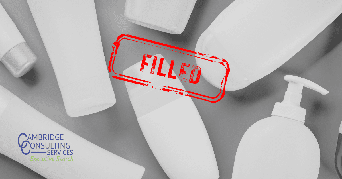 a black and white image of various personal care bottles with a red stamp overlay that says "FILLED." In the bottom left corner is the Cambridge Consulting Services logo.