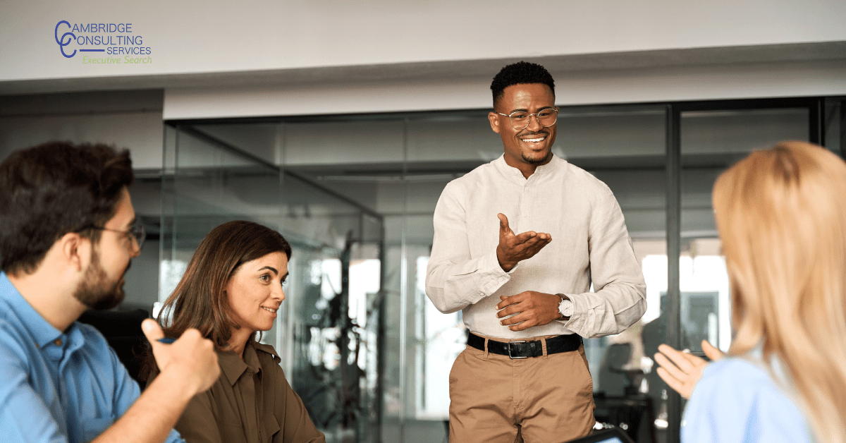 a salesman speaking to a group of people