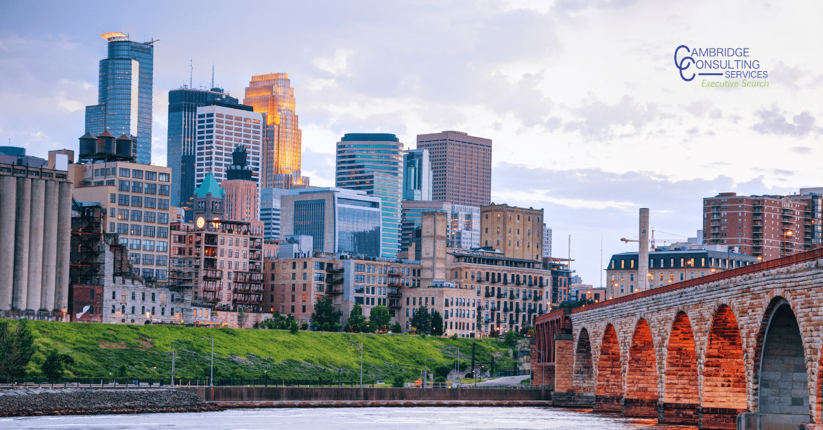 a photo of downtown Minneapolis with the Cambridge Consulting Services logo in the top right corner