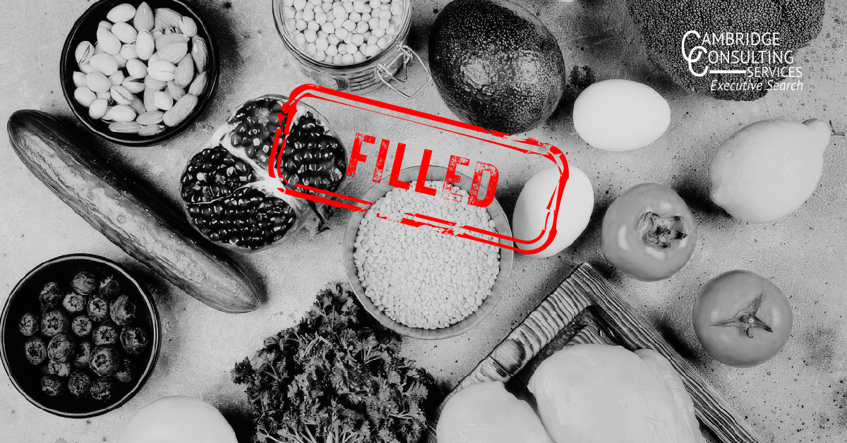 a black and white image of fruits and vegetables with a red text overlay that says "FILLED" in capital letters, with the Cambridge Consulting Services logo in the bottom right corner