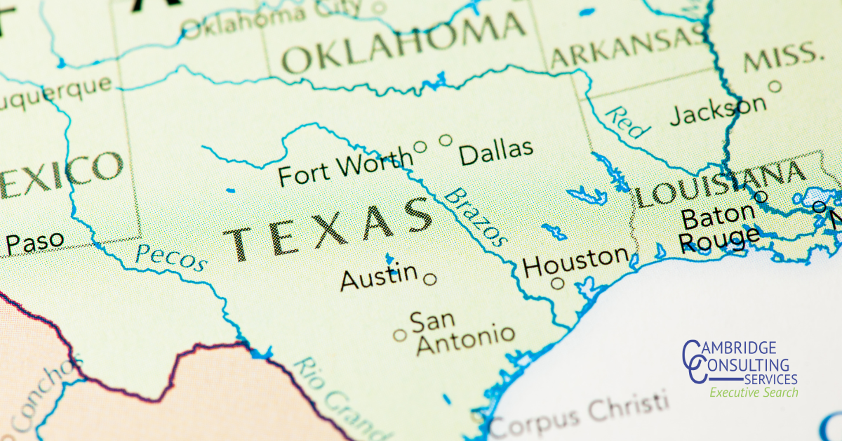 a photo of a map of Texas with the Cambridge Consulting Services logo in the bottom right corner