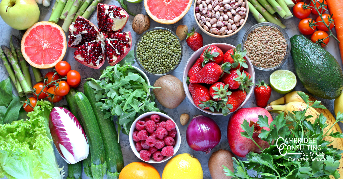 a variety of fresh foods with the cambridge consulting services logo in the bottom right corner