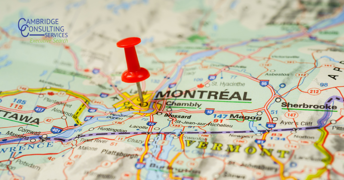 a close up map with a tack on Montreal. The Cambridge Consulting Services logo is in the top left corner.