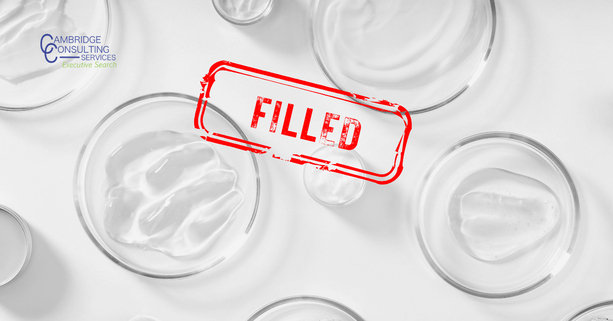 a black and white image of personal care ingredients with the Cambridge Consulting Services logo in the top left corner and a red stamp overlay that says "FILLED"